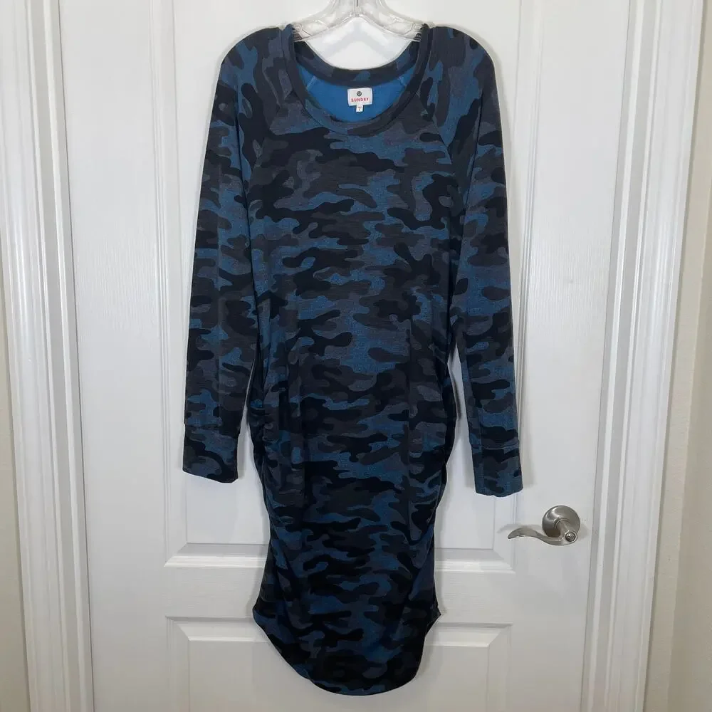 Sundry Sweatshirt Dress Blue Black Camo Print Ruched Sides Evereve 4 XL‎